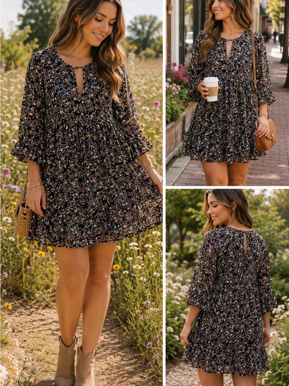 Emerald Black Floral  Ruffle Mini Dress M